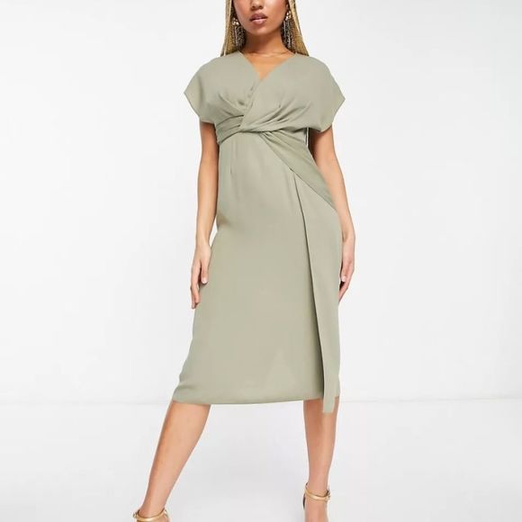 ASOS DESIGN twist and drape front midi dress US 14 - Picture 2 of 5